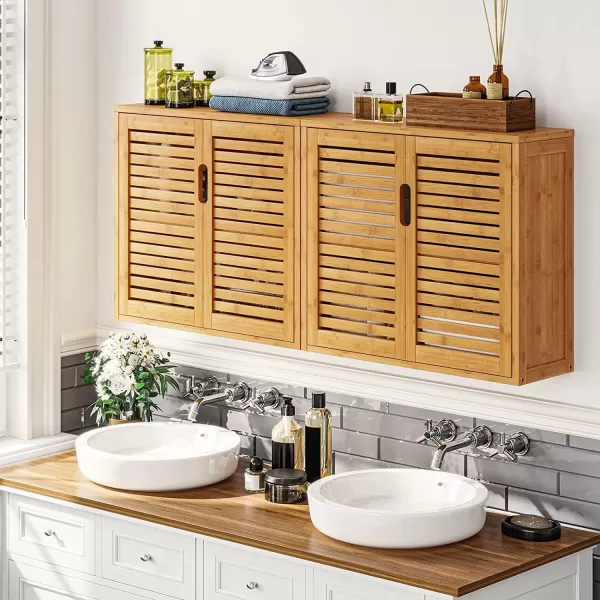 VIAGDO Wall Cabinet Bathroom Storage Cabinet Wall Mounted with Adjustable Shelves Inside Double Door Medicine Cabinet Utility Cabinet Organizer Over Toilet Bamboo 232Lx83Wx201HDouble Door