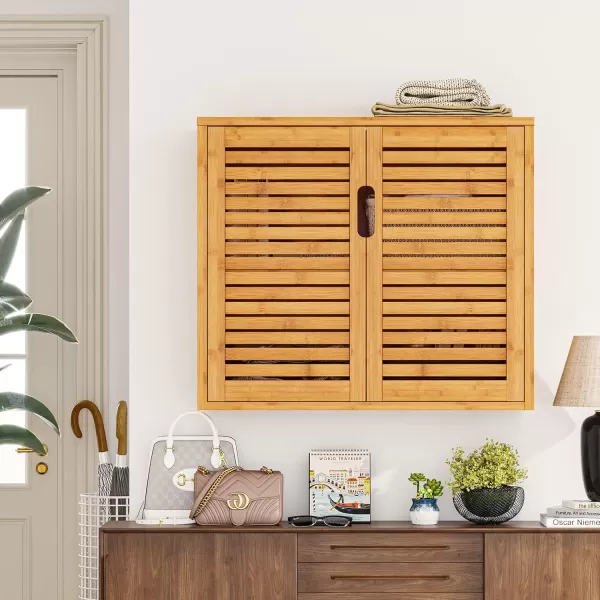 VIAGDO Wall Cabinet Bathroom Storage Cabinet Wall Mounted with Adjustable Shelves Inside Double Door Medicine Cabinet Utility Cabinet Organizer Over Toilet Bamboo 232Lx83Wx201HDouble Door