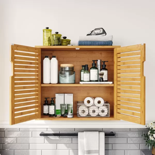 VIAGDO Wall Cabinet Bathroom Storage Cabinet Wall Mounted with Adjustable Shelves Inside Double Door Medicine Cabinet Utility Cabinet Organizer Over Toilet Bamboo 232Lx83Wx201HDouble Door