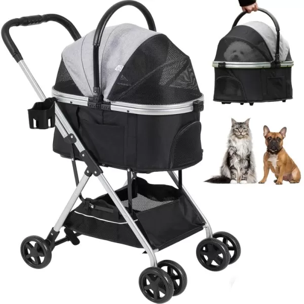 Dog Stroller 3in1 Foldable Gear for Small Medium Dogs 4 Wheels Pet Stroller with Sturdy Metal Frame Storage Basket Dog Carrier Trolley with Mesh Window OneButton Switch Lightweight Travel SystemFashion Grey