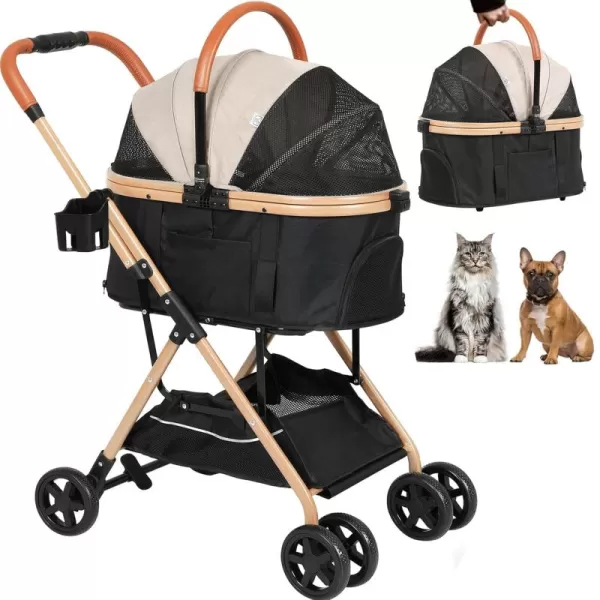 Dog Stroller 3in1 Foldable Gear for Small Medium Dogs 4 Wheels Pet Stroller with Sturdy Metal Frame Storage Basket Dog Carrier Trolley with Mesh Window OneButton Switch Lightweight Travel SystemElegant Beige