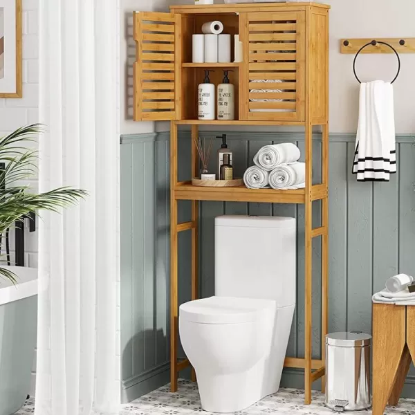 VIAGDO Over The Toilet Storage Cabinet Tall Bathroom Cabinet Organizer with Cupboard and Adjustable Shelves Freestanding Toilet Shelf Space Saver Rack Stand for Laundry Room Balcony BambooNatural