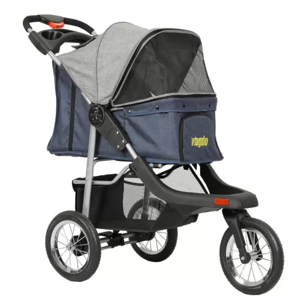 VIAGDO Premium Heavy Duty Pet Stroller for Small Medium Dogs ampamp Cats 3Wheel Dog Stroller Foldable Cat Stroller with Suspension SystemOneHand Fold Max Loading 55 LBSBlueGrey