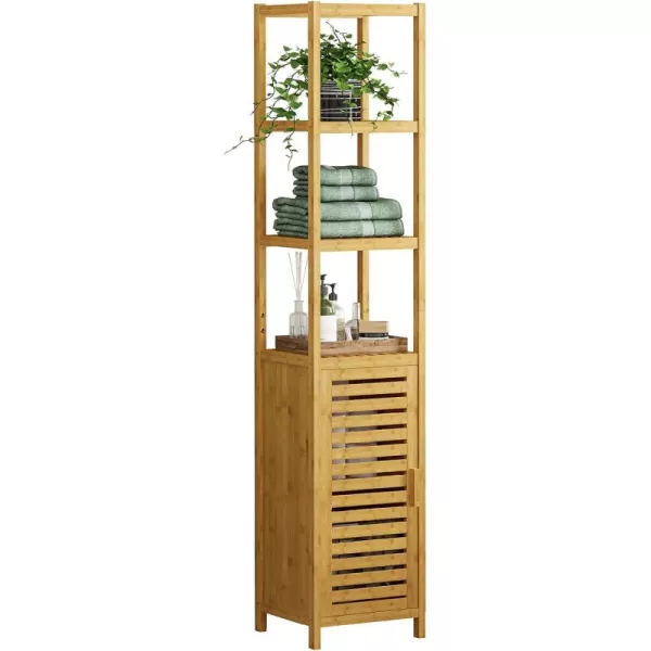 VIAGDO Storage Tall Slim Cabinet with Shutter Door and 3 Tier Shelves Freestanding Linen Tower Cabinet for Living Room Kitchen Bathroom Organizer Natural Bamboo