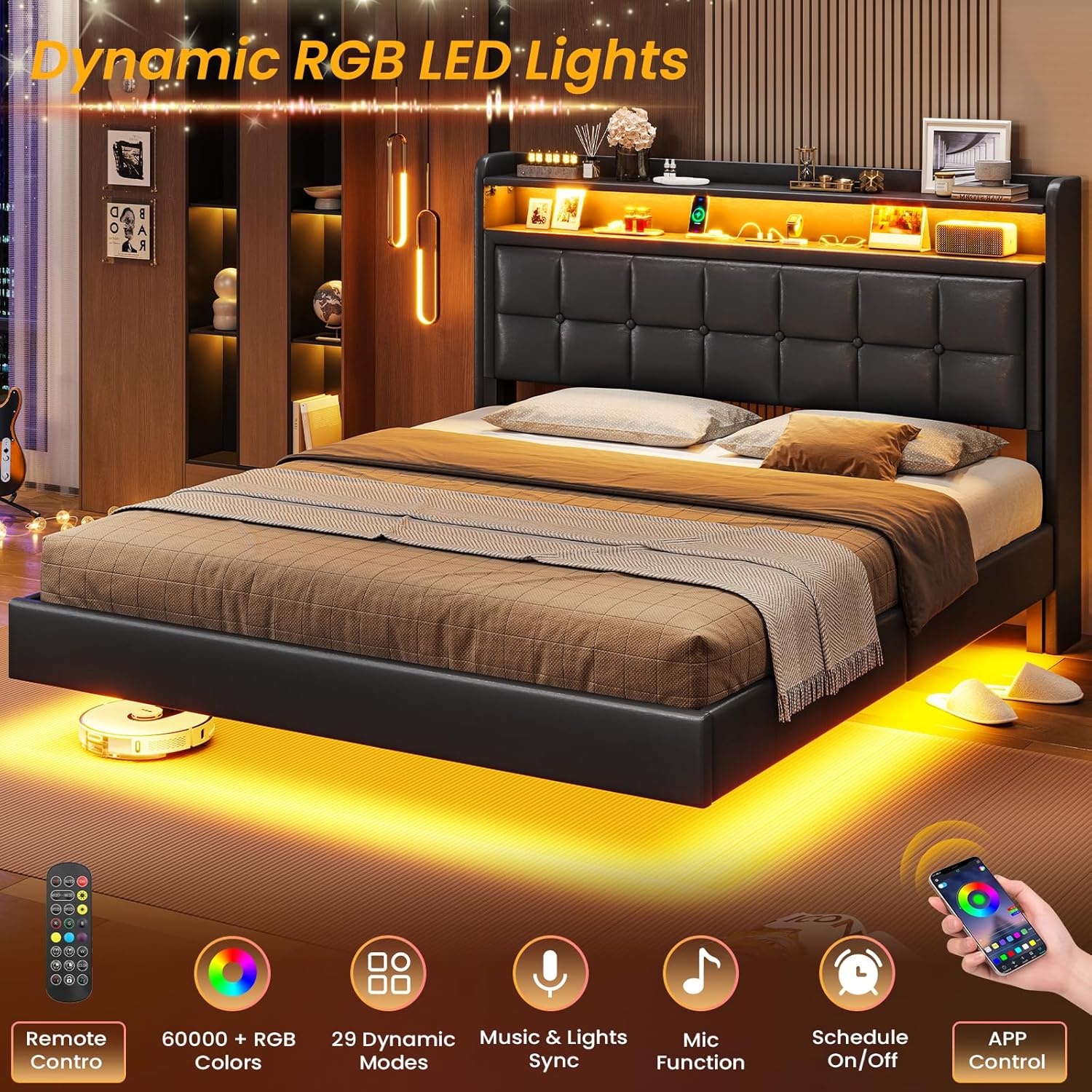 VIAGDO Floating Bed Frame Full Size with Storage Headboard Type C and 3 USB Charging Station Upholstered Bed Frame with Led Lights Visual Floating Hidden Storage No Box Spring Needed BlackQueen