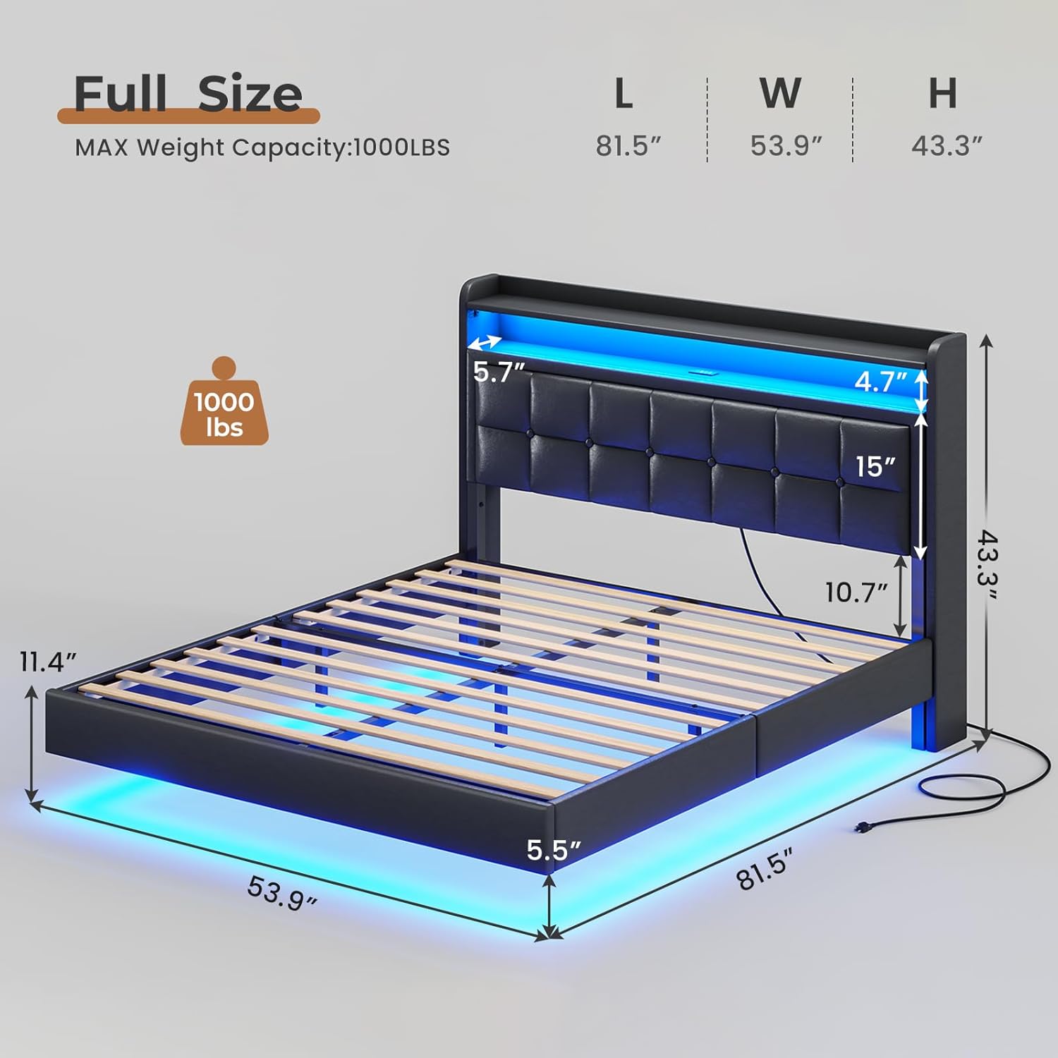 VIAGDO Floating Bed Frame Full Size with Storage Headboard Type C and 3 USB Charging Station Upholstered Bed Frame with Led Lights Visual Floating Hidden Storage No Box Spring Needed BlackFull