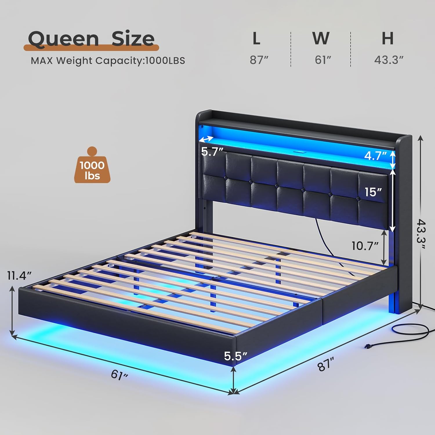 VIAGDO Floating Bed Frame Full Size with Storage Headboard Type C and 3 USB Charging Station Upholstered Bed Frame with Led Lights Visual Floating Hidden Storage No Box Spring Needed BlackQueen