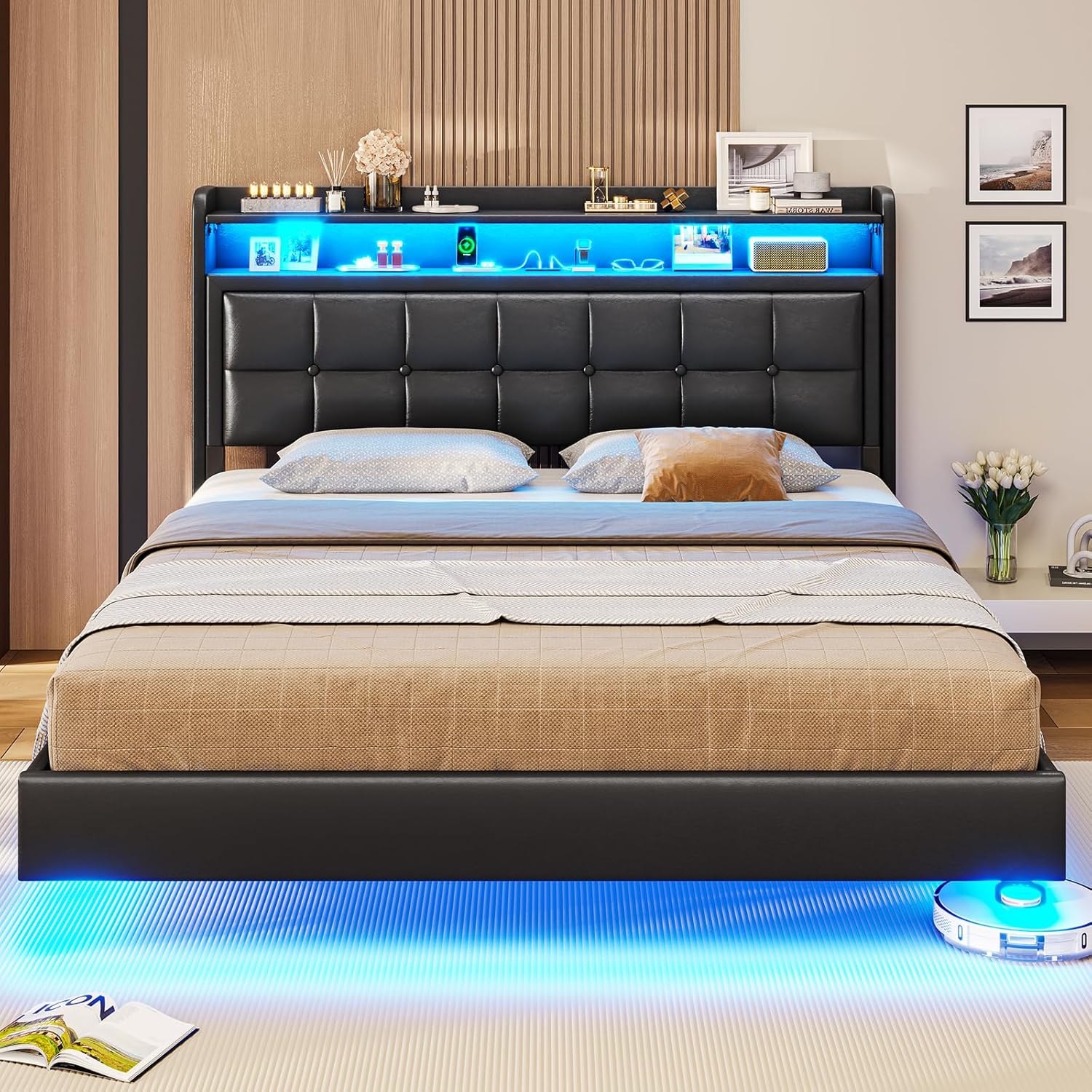 VIAGDO Floating Bed Frame Full Size with Storage Headboard Type C and 3 USB Charging Station Upholstered Bed Frame with Led Lights Visual Floating Hidden Storage No Box Spring Needed BlackFull