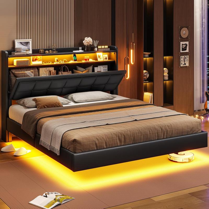 VIAGDO Floating Bed Frame Full Size with Storage Headboard Type C and 3 USB Charging Station Upholstered Bed Frame with Led Lights Visual Floating Hidden Storage No Box Spring Needed BlackQueen