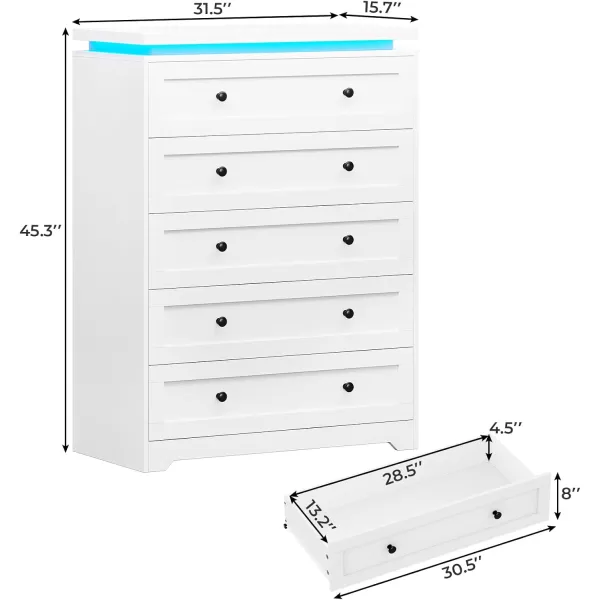 VIAGDO 5 Drawer Dresser for Bedroom with LED Lights Modern Black Chest of Drawers with Gold Metal Handle Large Capacity Wood Dresser 453quot Tall Dresser for Closet Entryway NurseryWhite