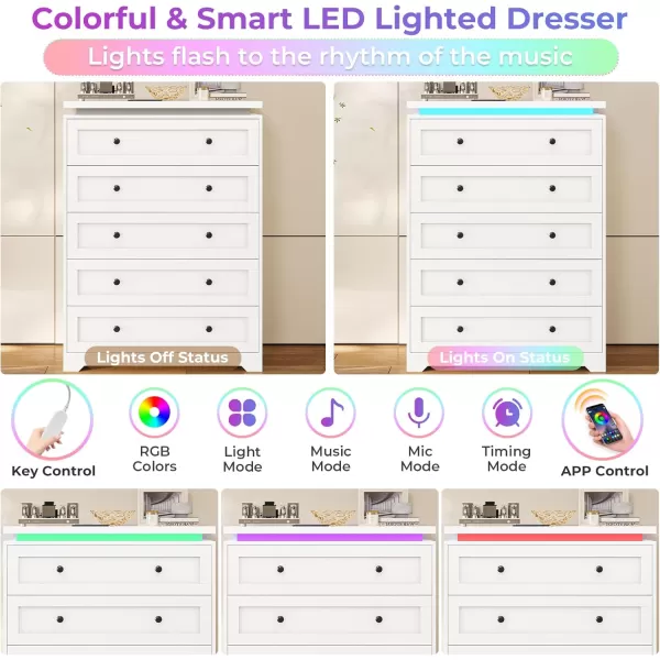 VIAGDO 5 Drawer Dresser for Bedroom with LED Lights Modern Black Chest of Drawers with Gold Metal Handle Large Capacity Wood Dresser 453quot Tall Dresser for Closet Entryway NurseryWhite