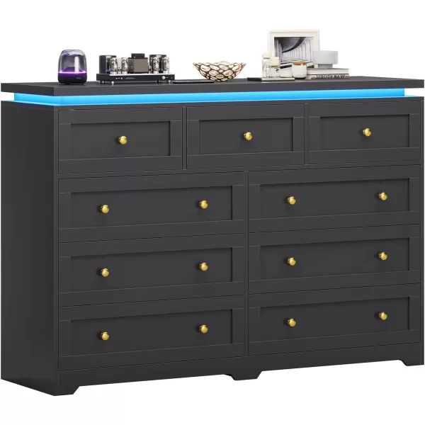 VIAGDO 5 Drawer Dresser for Bedroom with LED Lights Modern Black Chest of Drawers with Gold Metal Handle Large Capacity Wood Dresser 453quot Tall Dresser for Closet Entryway NurseryBlack