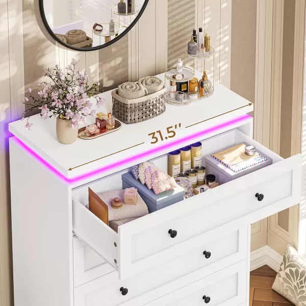 VIAGDO 5 Drawer Dresser for Bedroom with LED Lights Modern Black Chest of Drawers with Gold Metal Handle Large Capacity Wood Dresser 453quot Tall Dresser for Closet Entryway NurseryWhite