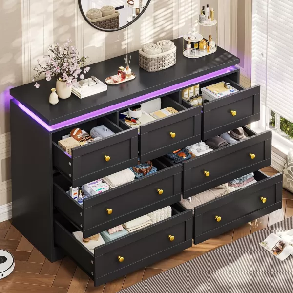 VIAGDO 5 Drawer Dresser for Bedroom with LED Lights Modern Black Chest of Drawers with Gold Metal Handle Large Capacity Wood Dresser 453quot Tall Dresser for Closet Entryway NurseryBlack