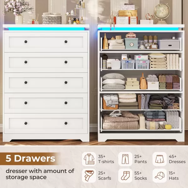 VIAGDO 5 Drawer Dresser for Bedroom with LED Lights Modern Black Chest of Drawers with Gold Metal Handle Large Capacity Wood Dresser 453quot Tall Dresser for Closet Entryway NurseryWhite