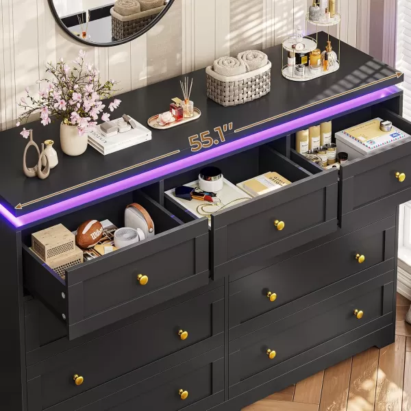 VIAGDO 5 Drawer Dresser for Bedroom with LED Lights Modern Black Chest of Drawers with Gold Metal Handle Large Capacity Wood Dresser 453quot Tall Dresser for Closet Entryway NurseryBlack