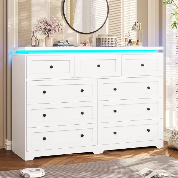VIAGDO 5 Drawer Dresser for Bedroom with LED Lights Modern Black Chest of Drawers with Gold Metal Handle Large Capacity Wood Dresser 453quot Tall Dresser for Closet Entryway NurseryWhite