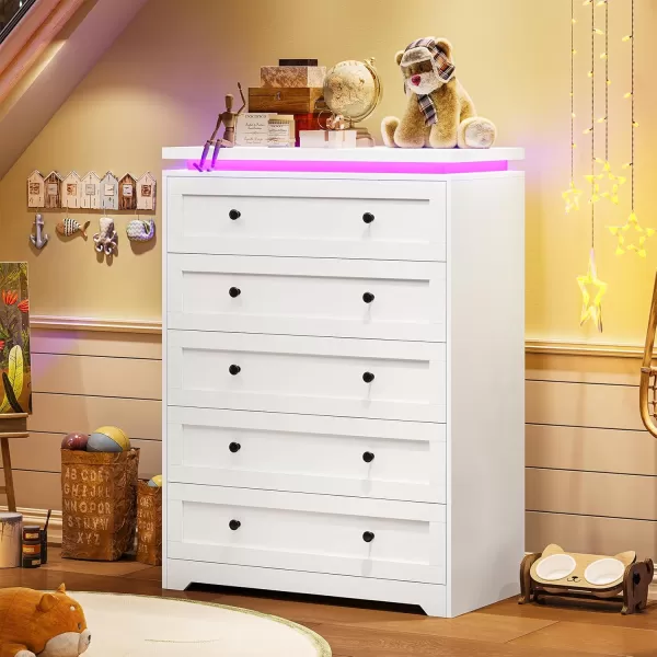 VIAGDO 5 Drawer Dresser for Bedroom with LED Lights Modern Black Chest of Drawers with Gold Metal Handle Large Capacity Wood Dresser 453quot Tall Dresser for Closet Entryway NurseryWhite