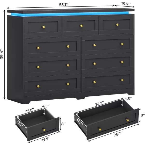 VIAGDO 5 Drawer Dresser for Bedroom with LED Lights Modern Black Chest of Drawers with Gold Metal Handle Large Capacity Wood Dresser 453quot Tall Dresser for Closet Entryway NurseryBlack