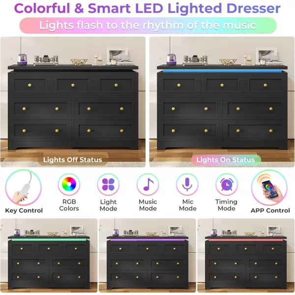 VIAGDO 5 Drawer Dresser for Bedroom with LED Lights Modern Black Chest of Drawers with Gold Metal Handle Large Capacity Wood Dresser 453quot Tall Dresser for Closet Entryway NurseryBlack