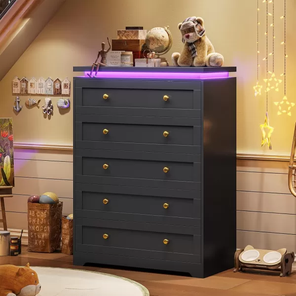 VIAGDO 5 Drawer Dresser for Bedroom with LED Lights Modern Black Chest of Drawers with Gold Metal Handle Large Capacity Wood Dresser 453quot Tall Dresser for Closet Entryway NurseryBlack