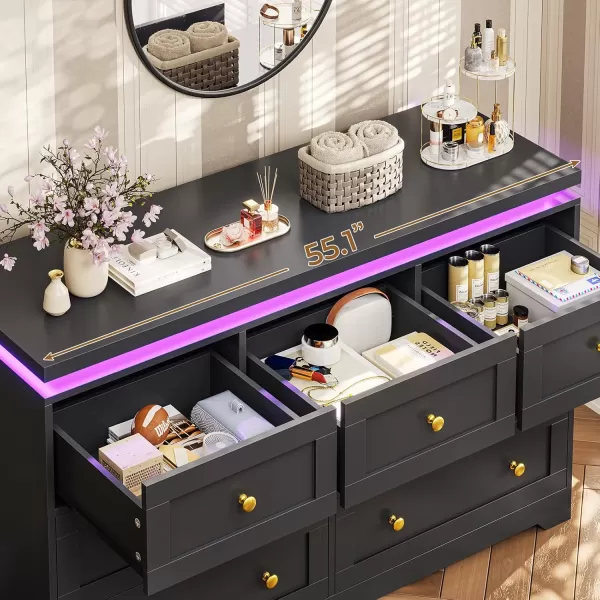 VIAGDO 5 Drawer Dresser for Bedroom with LED Lights Modern Black Chest of Drawers with Gold Metal Handle Large Capacity Wood Dresser 453quot Tall Dresser for Closet Entryway NurseryBlack
