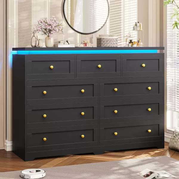 VIAGDO 5 Drawer Dresser for Bedroom with LED Lights Modern Black Chest of Drawers with Gold Metal Handle Large Capacity Wood Dresser 453quot Tall Dresser for Closet Entryway NurseryBlack