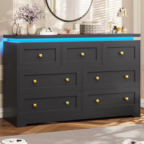 VIAGDO 5 Drawer Dresser for Bedroom with LED Lights Modern Black Chest of Drawers with Gold Metal Handle Large Capacity Wood Dresser 453quot Tall Dresser for Closet Entryway NurseryBlack