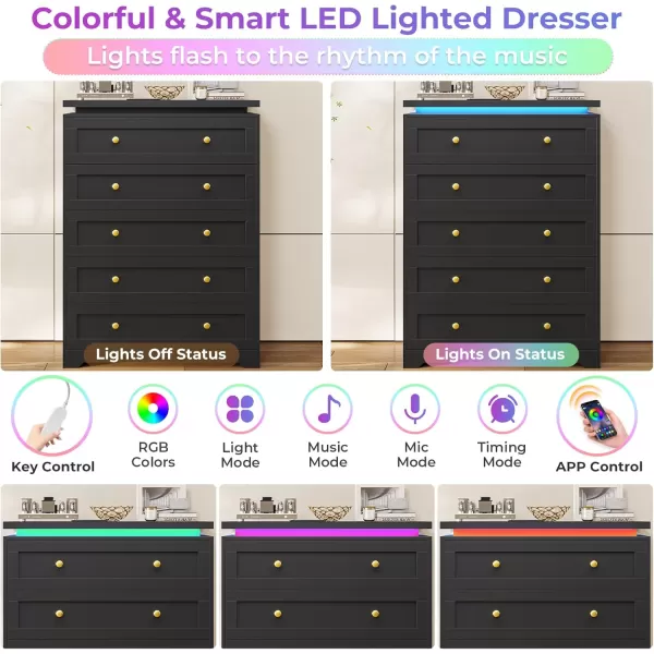 VIAGDO 5 Drawer Dresser for Bedroom with LED Lights Modern Black Chest of Drawers with Gold Metal Handle Large Capacity Wood Dresser 453quot Tall Dresser for Closet Entryway NurseryBlack