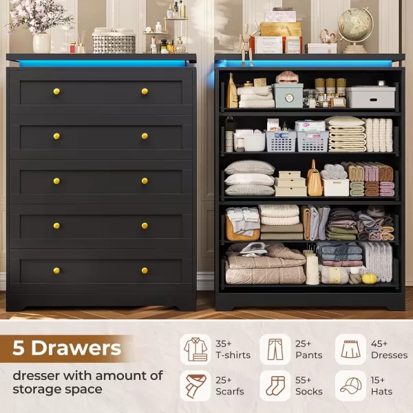 VIAGDO 5 Drawer Dresser for Bedroom with LED Lights Modern Black Chest of Drawers with Gold Metal Handle Large Capacity Wood Dresser 453quot Tall Dresser for Closet Entryway NurseryBlack
