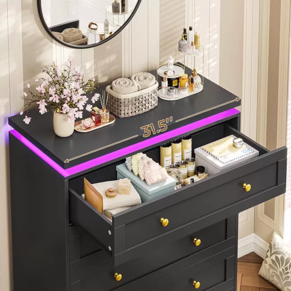VIAGDO 5 Drawer Dresser for Bedroom with LED Lights Modern Black Chest of Drawers with Gold Metal Handle Large Capacity Wood Dresser 453quot Tall Dresser for Closet Entryway NurseryBlack