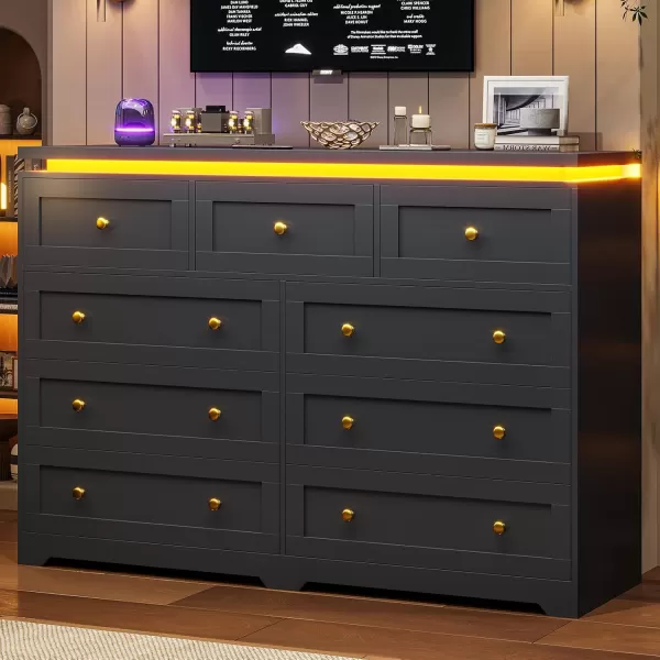 VIAGDO 5 Drawer Dresser for Bedroom with LED Lights Modern Black Chest of Drawers with Gold Metal Handle Large Capacity Wood Dresser 453quot Tall Dresser for Closet Entryway NurseryBlack