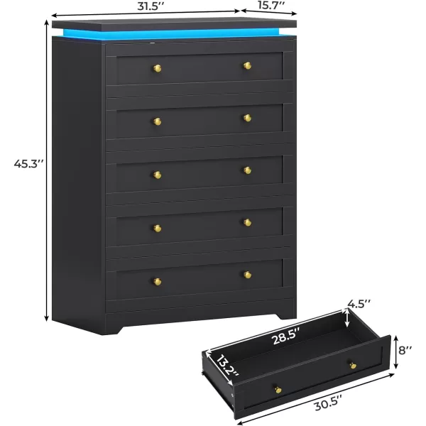 VIAGDO 5 Drawer Dresser for Bedroom with LED Lights Modern Black Chest of Drawers with Gold Metal Handle Large Capacity Wood Dresser 453quot Tall Dresser for Closet Entryway NurseryBlack