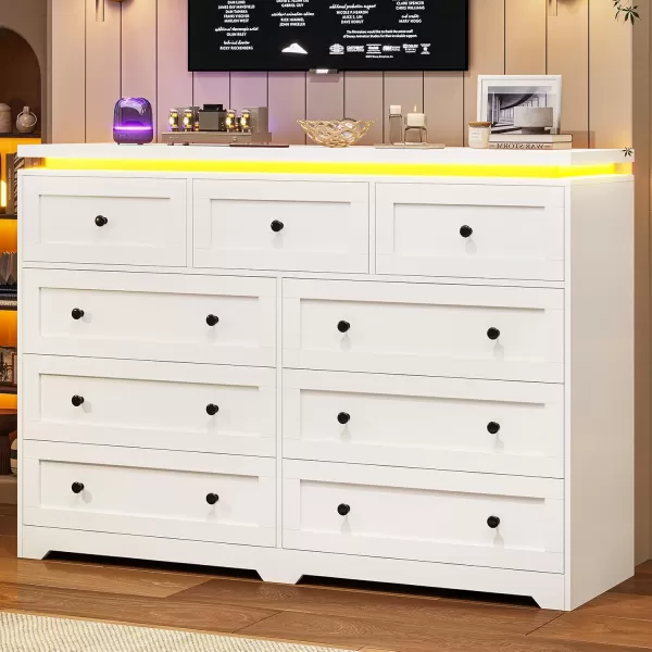 VIAGDO 5 Drawer Dresser for Bedroom with LED Lights Modern Black Chest of Drawers with Gold Metal Handle Large Capacity Wood Dresser 453quot Tall Dresser for Closet Entryway NurseryWhite