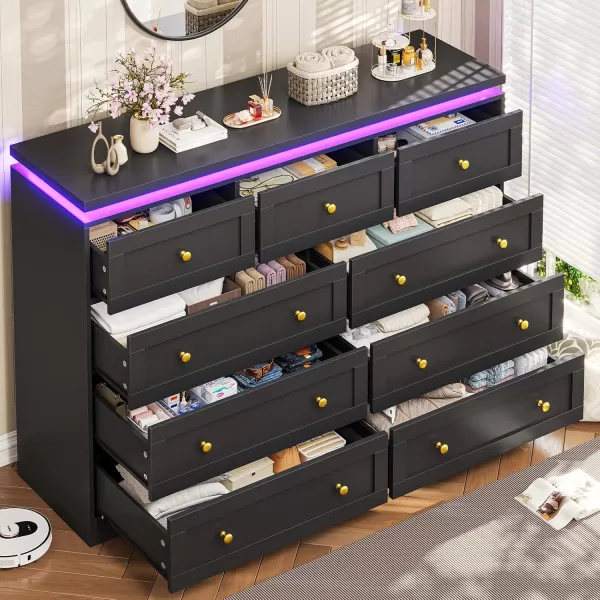 VIAGDO 5 Drawer Dresser for Bedroom with LED Lights Modern Black Chest of Drawers with Gold Metal Handle Large Capacity Wood Dresser 453quot Tall Dresser for Closet Entryway NurseryBlack