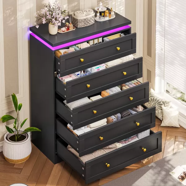 VIAGDO 5 Drawer Dresser for Bedroom with LED Lights Modern Black Chest of Drawers with Gold Metal Handle Large Capacity Wood Dresser 453quot Tall Dresser for Closet Entryway NurseryBlack