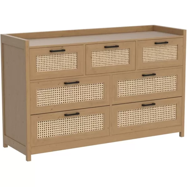 VIAGDO 7 Drawer Dresser for Bedroom Rattan Chest of Drawers with LED Lights Wood Storage Dresser Chest with Metal Handle Modern Dresser for ClosetBedroomLiving RoomHallwayNatural Rattan