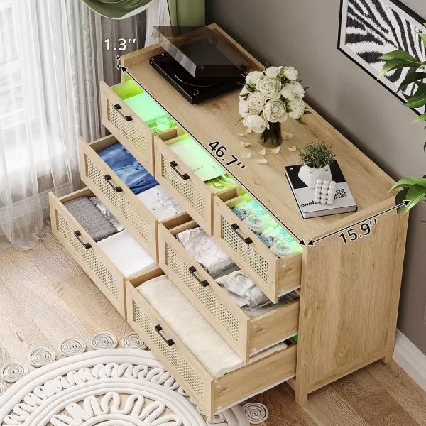 VIAGDO 7 Drawer Dresser for Bedroom Rattan Chest of Drawers with LED Lights Wood Storage Dresser Chest with Metal Handle Modern Dresser for ClosetBedroomLiving RoomHallwayNatural Rattan
