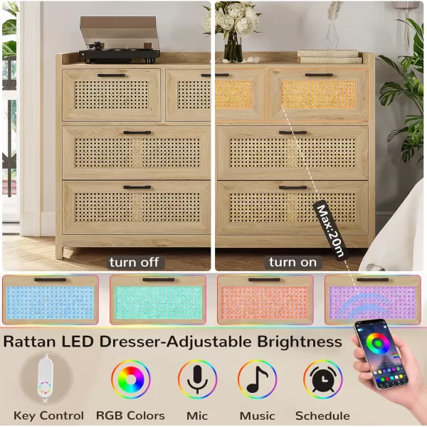 VIAGDO 7 Drawer Dresser for Bedroom Rattan Chest of Drawers with LED Lights Wood Storage Dresser Chest with Metal Handle Modern Dresser for ClosetBedroomLiving RoomHallwayNatural Rattan