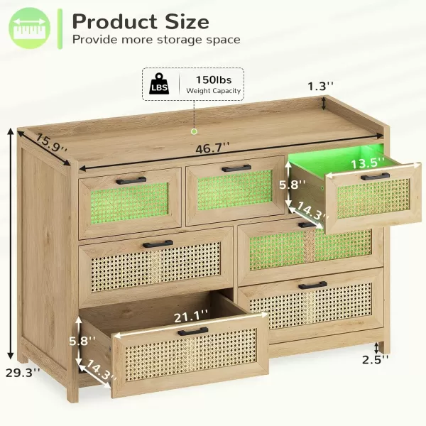 VIAGDO 7 Drawer Dresser for Bedroom Rattan Chest of Drawers with LED Lights Wood Storage Dresser Chest with Metal Handle Modern Dresser for ClosetBedroomLiving RoomHallwayNatural Rattan