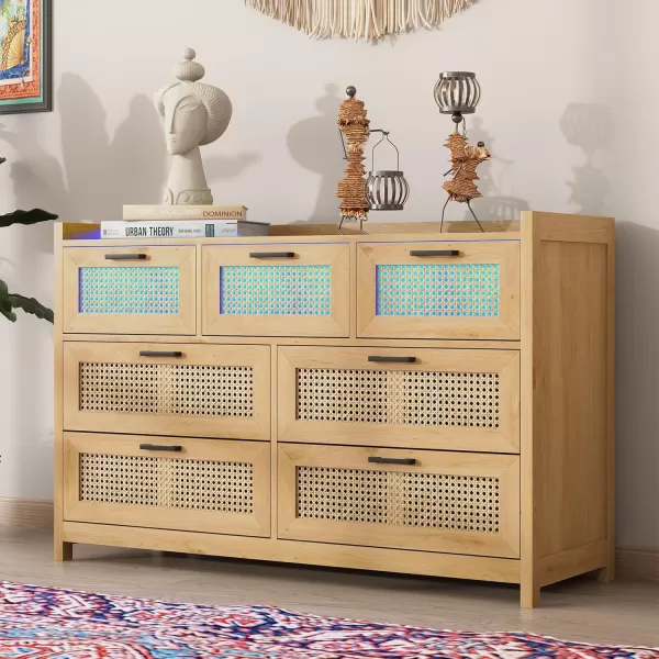 VIAGDO 7 Drawer Dresser for Bedroom Rattan Chest of Drawers with LED Lights Wood Storage Dresser Chest with Metal Handle Modern Dresser for ClosetBedroomLiving RoomHallwayNatural Rattan