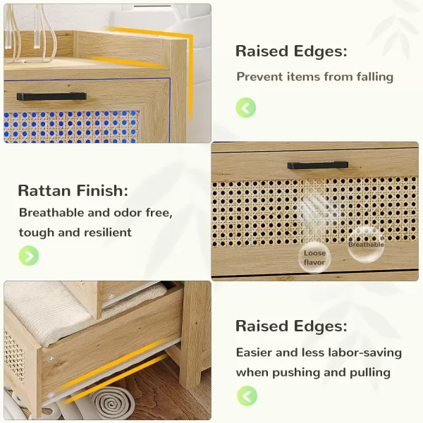 VIAGDO 7 Drawer Dresser for Bedroom Rattan Chest of Drawers with LED Lights Wood Storage Dresser Chest with Metal Handle Modern Dresser for ClosetBedroomLiving RoomHallwayNatural Rattan