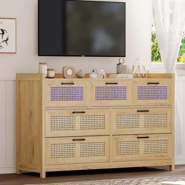 VIAGDO 7 Drawer Dresser for Bedroom Rattan Chest of Drawers with LED Lights Wood Storage Dresser Chest with Metal Handle Modern Dresser for ClosetBedroomLiving RoomHallwayNatural Rattan