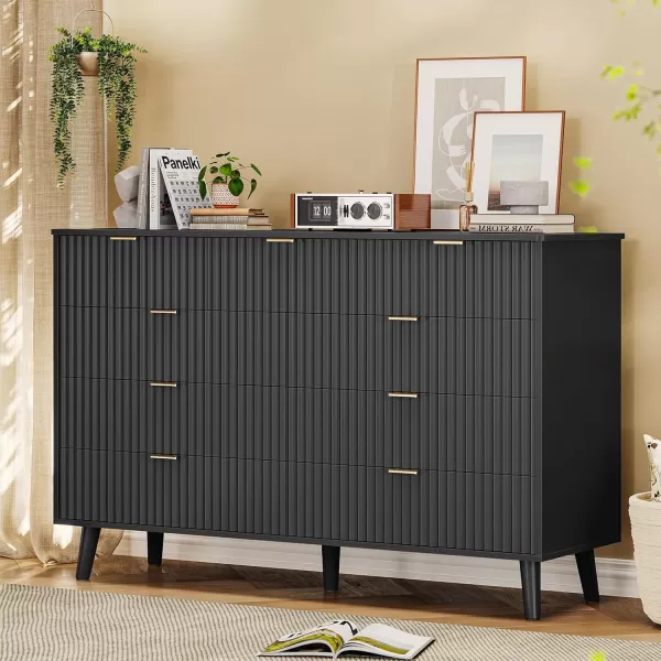 VIAGDO 7 Drawer Dresser for Bedroom with Fluted Panel 472 Wide Mid Century Modern Fluted Dresser Chest of Drawers with Gold Metal Handles Black Organizer Storage Cabinet for Closet EntrywayBlack
