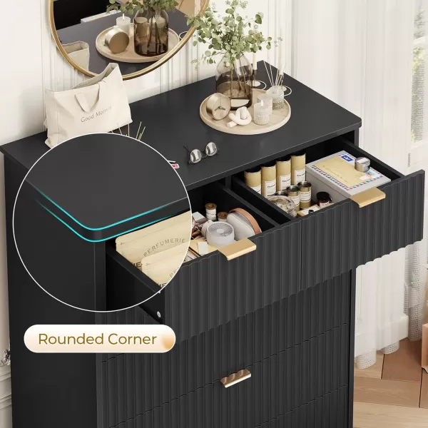 VIAGDO 7 Drawer Dresser for Bedroom with Fluted Panel 472 Wide Mid Century Modern Fluted Dresser Chest of Drawers with Gold Metal Handles Black Organizer Storage Cabinet for Closet EntrywayBlack