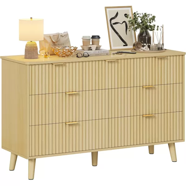 VIAGDO 7 Drawer Dresser for Bedroom with Fluted Panel 472 Wide Mid Century Modern Fluted Dresser Chest of Drawers with Gold Metal Handles Black Organizer Storage Cabinet for Closet EntrywayNatural Oak