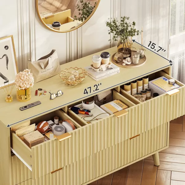 VIAGDO 7 Drawer Dresser for Bedroom with Fluted Panel 472 Wide Mid Century Modern Fluted Dresser Chest of Drawers with Gold Metal Handles Black Organizer Storage Cabinet for Closet EntrywayNatural Oak