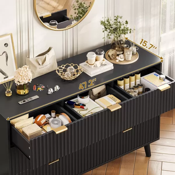 VIAGDO 7 Drawer Dresser for Bedroom with Fluted Panel 472 Wide Mid Century Modern Fluted Dresser Chest of Drawers with Gold Metal Handles Black Organizer Storage Cabinet for Closet EntrywayBlack