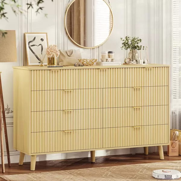 VIAGDO 7 Drawer Dresser for Bedroom with Fluted Panel 472 Wide Mid Century Modern Fluted Dresser Chest of Drawers with Gold Metal Handles Black Organizer Storage Cabinet for Closet EntrywayNatural Oak