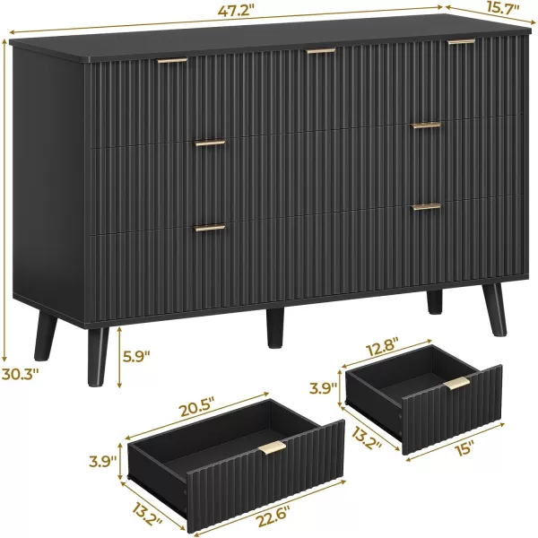 VIAGDO 7 Drawer Dresser for Bedroom with Fluted Panel 472 Wide Mid Century Modern Fluted Dresser Chest of Drawers with Gold Metal Handles Black Organizer Storage Cabinet for Closet EntrywayBlack